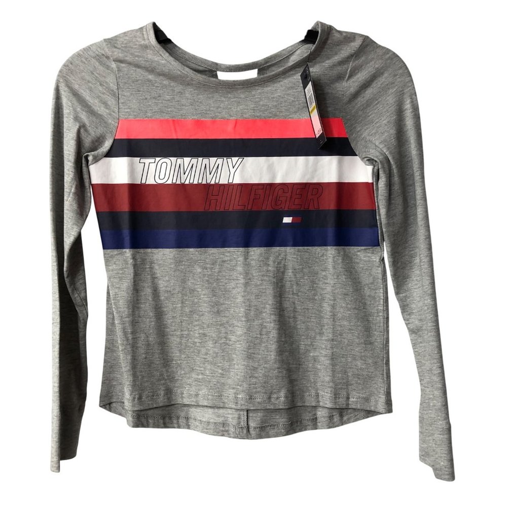 Tommy Hilfiger Girls Logo Long Sleeve Top Grey Heather M/M (8/10) NWT